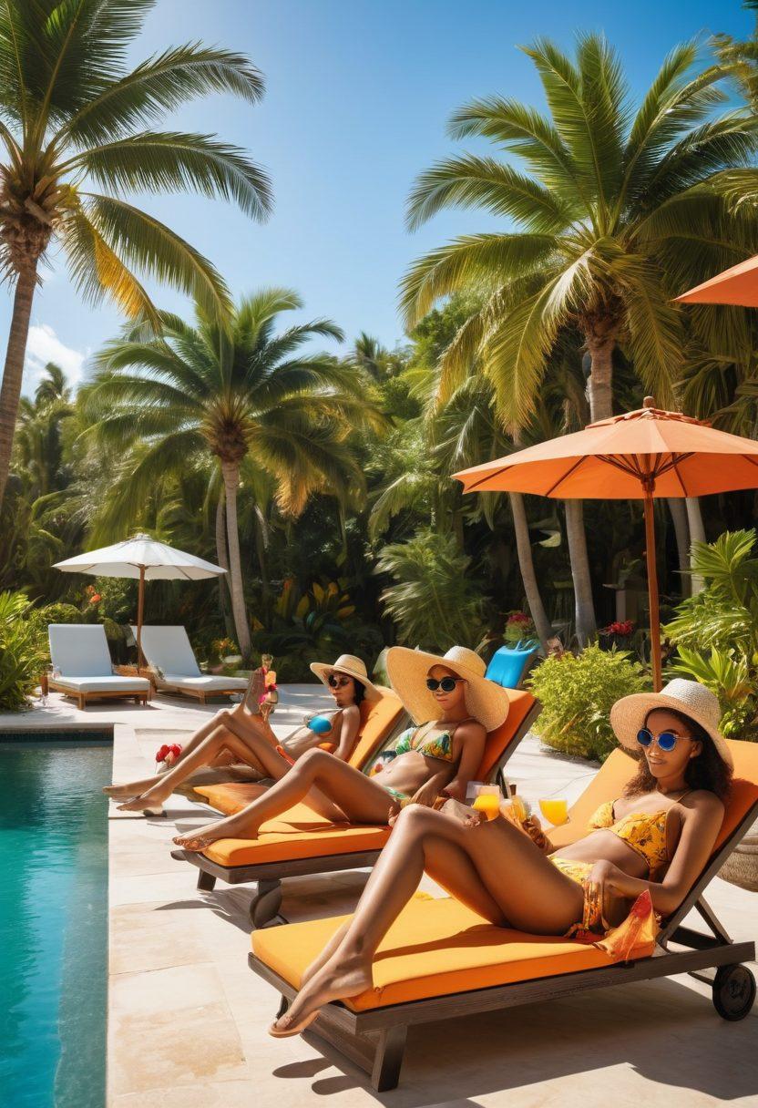 A vibrant summer scene showcasing stylish beach attire, featuring a diverse group of friends relaxing by a luxurious poolside with tropical palm trees and lounge chairs. Include colorful beach hats, sunglasses, and swimwear, with sparkling water reflecting the sun's rays. In the background, depict a resort atmosphere with cocktails, beach umbrellas, and guests enjoying the sun. Suggest a carefree vibe suggesting the ultimate summer lifestyle. super-realistic. vibrant colors. tropical theme.